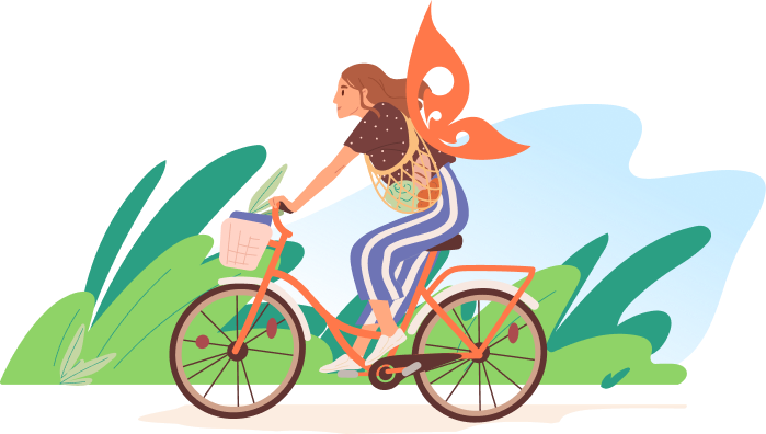 grafika młoda kobieta z motylimi skrzydłami jedzie na rowerze wśród traw