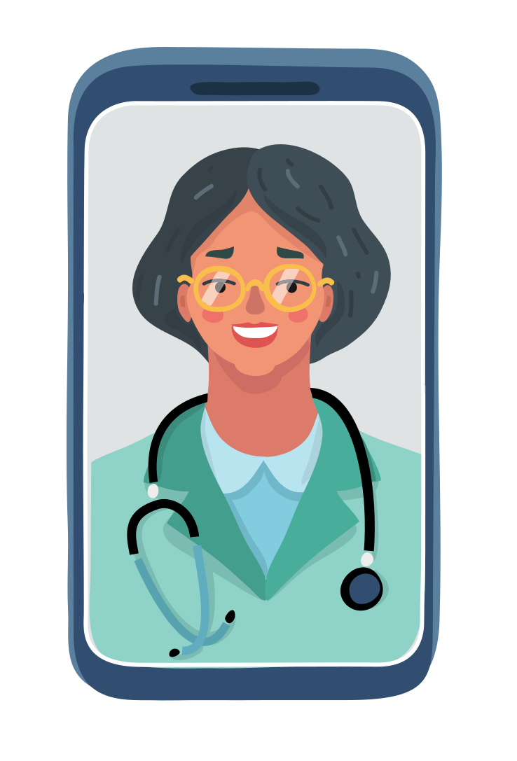 popiersie uśmiechniętej lekarki w okularach i ze stetoskopem widoczne na ekranie telefonu